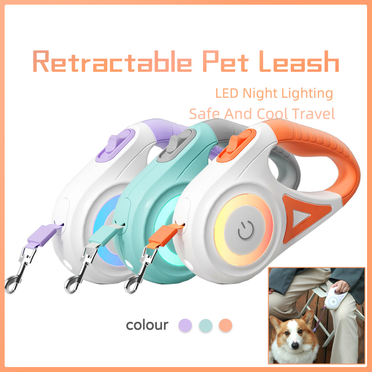 FurZap Dog Leash Retractable Leash And Dog Collar Spotlight Automatic Pet Dog Cat Traction Rope For Small Medium Dogs Pet Product